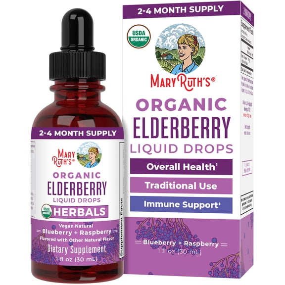 MaryRuth Organics Elderberry Tincture Liquid Drops, Blueberry Raspberry Flavor, Overall Health, Vegan, Gluten-Free, Unisex, 1 fl oz