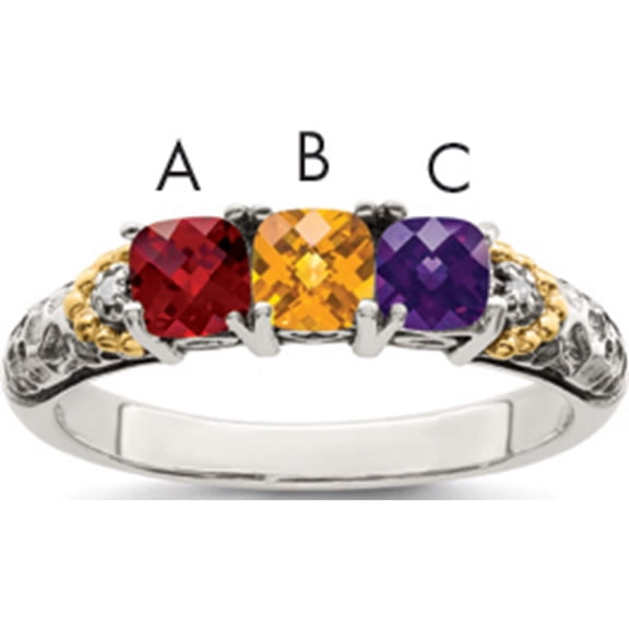 14K/Silver Two-Tone Sterling Silver & 14K Three-Stone And Diamond Mother's Ring Semi-Mount (Size 9) Made In Thailand qmr21/3-9