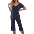 thumbnail image 2 of Women's Two Piece Pajama Sets, Lightweight Breathable Relaxed Cut, V-Neck Short Sleeve Top Matches Capri Length Pants, Comfortable Pajama Party Lounge | TruHer,Dark Blue M, 2 of 7