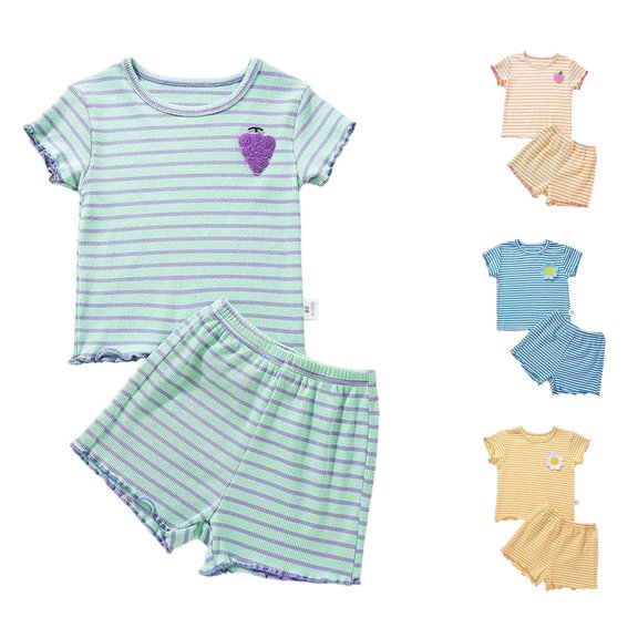 ZXLBBD Girls' Casual Summer Outfits Fashion Print Short Sleeve Top and Shorts Comfy 2 Piece Playwear for Toddler and Kids Clothing Sets,Purple,Size 5 Y-6 Y