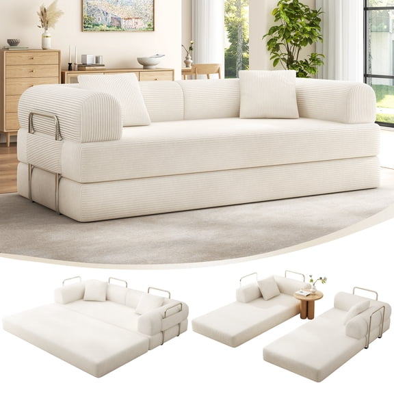 VKHCU 79" Convertible Sofa Bed, 5-in-1 Sleeper Sofa, Boneless Couch with Fixed-Shape Frame, Corduroy Folding Floor Sofa for Living Rooms,Bedroom, Apartment, No Assembly Required, White