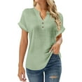 thumbnail image 2 of BRGZLK Women's Cotton Linen Tops Fashion Solid Color Button Down Short Sleeve Split V Neck Top/Shirt Loose Fit Basic Summer Outfit Green M, 2 of 5