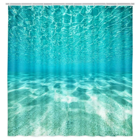 Teal Blue Ocean Shower Curtain, Nature Underwater Sea World Sand Beach Bathroom Curtains Waterproof Fabric, 72 x 72 Inches