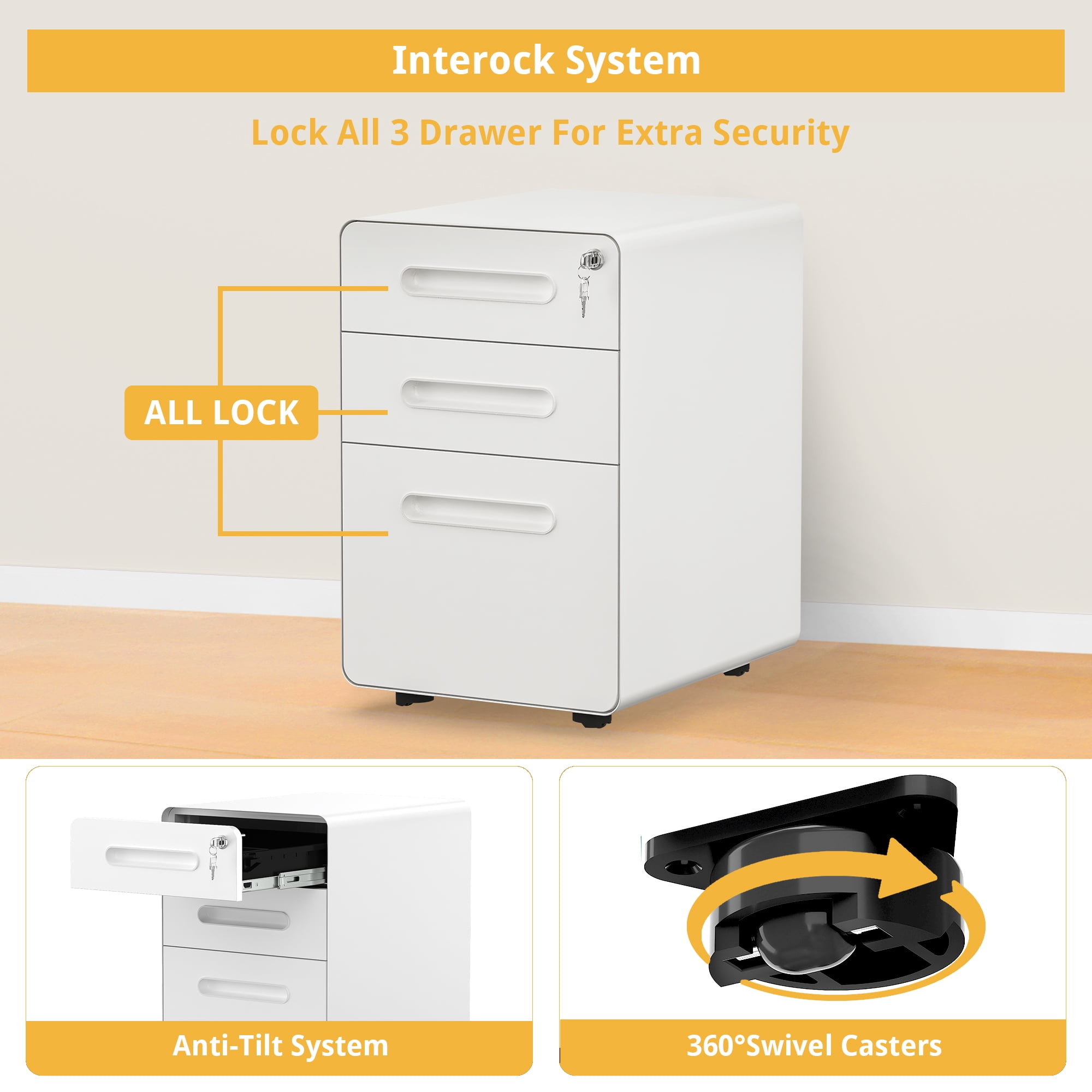 Uforic Steel Rolling File Cabinet with Lock 3 Drawer Slim Document Organizer Office Furniture