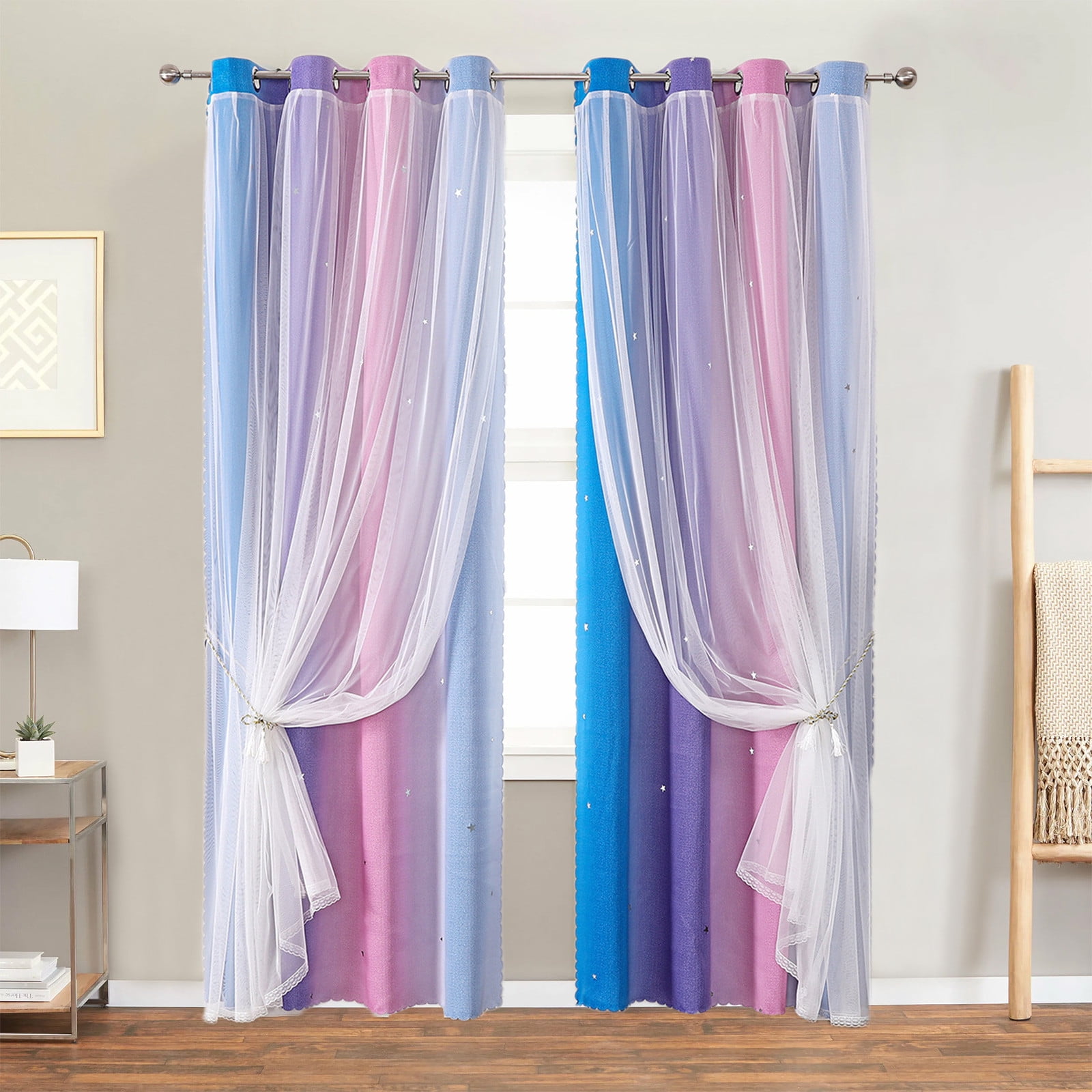 2-in-1 Double-Layer Kids & Girls Unicorn Princess Ombre Blackout Curtains with Foil Print Sheer,Panels for Bedroom, Nursery, Living Room - Yellow Purple Blue, 52W x 63L