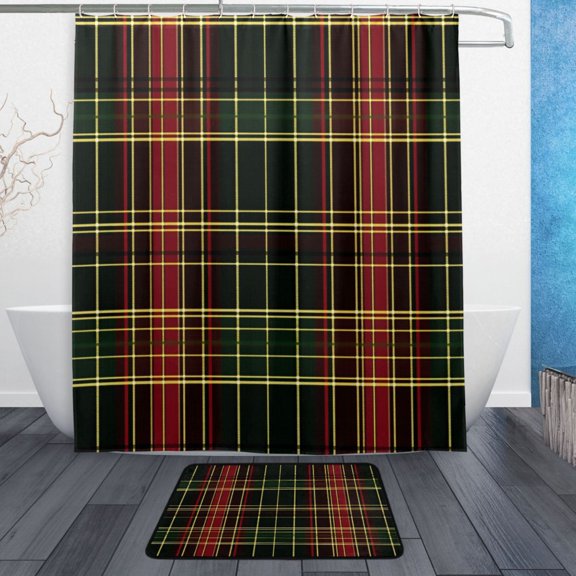 Bath Curtain & Non-Slip Bath Mat Set 12-Grommet Shower Curtain Memory Foam Bath Rug Red and Green Tartan Plaid