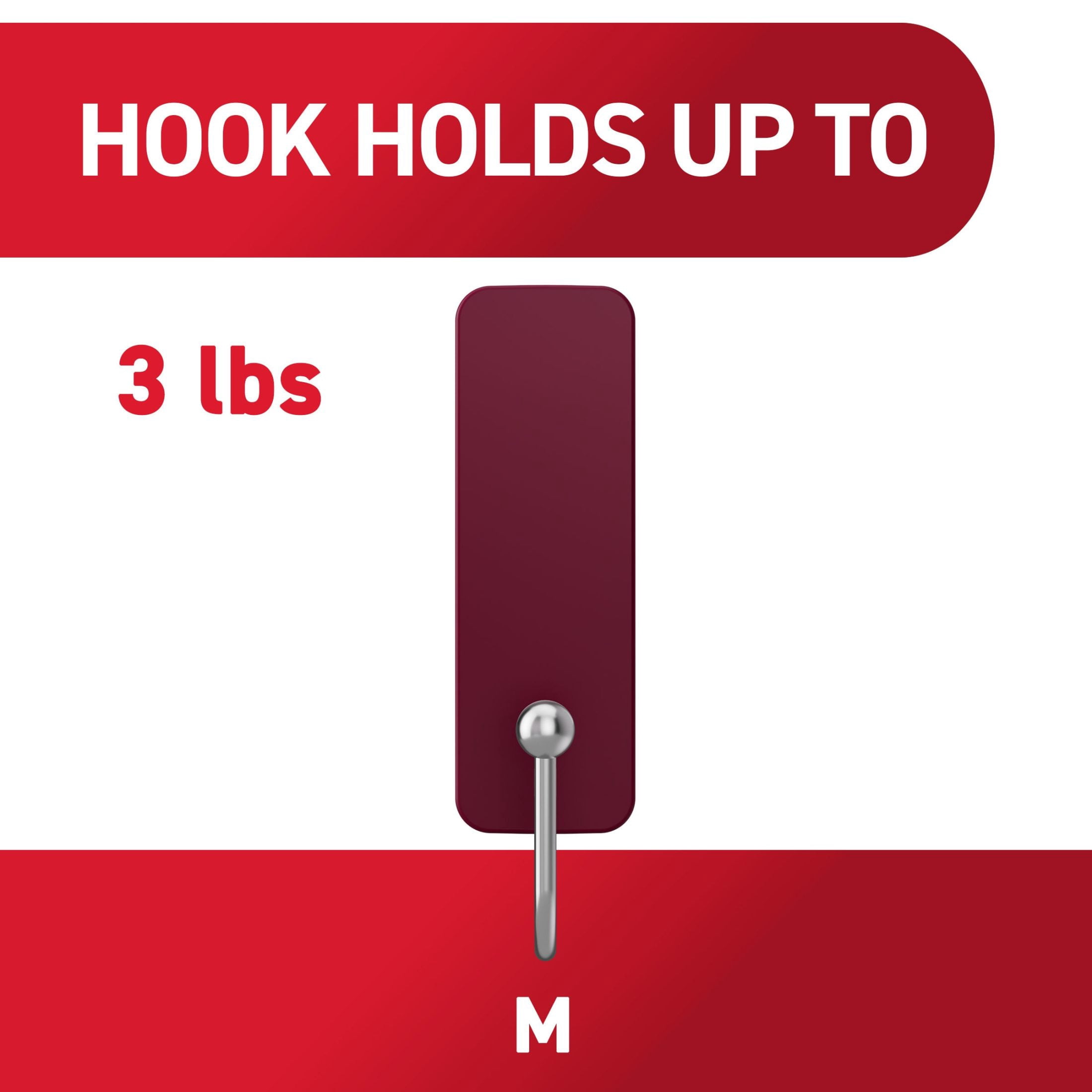 Command Medium Hooks, Black Cherry, Holds 3 lbs, Damage-Free Hanging, 4 Hooks, 6 Adhesive Strips