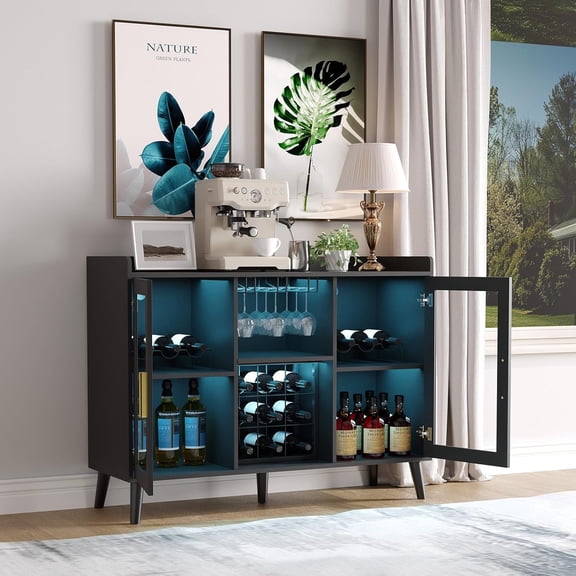 Modern Wine Bar Cabinet with LED Light, Wood Kitchen Coffee Bar Home Liquor Cabinets with Glass Holder, Doors and Wine Racks Buffet Sideboard with Storage for Living Room