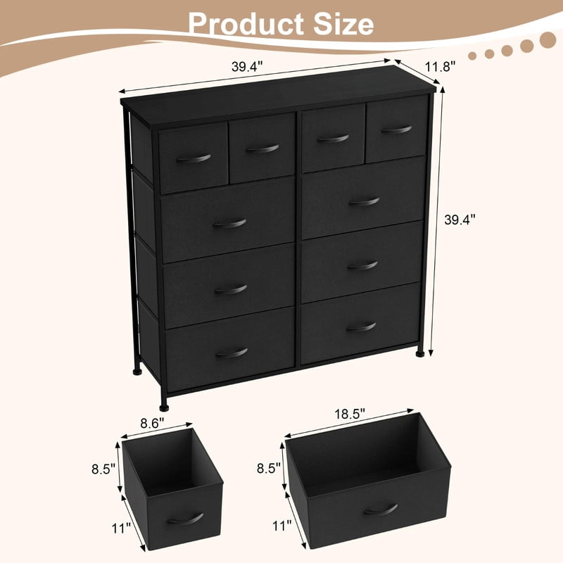Kelno 10 Drawers Fabric Cabinet Metal Frame Wide Wood Top Tall Storage Tower TV Stand Clothes Organizer for Bedroom Living Room,Black