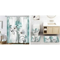 4PCS Rustic Farmhouse Teal Daisy Floral Shower Curtain Sets,Bathroom Sets with Shower Curtain, Toilet Lid Rug, Contour Mat and Bath Mat, Shower Curtain with 12 Hooks for Bathroom Set Decor,70X70IN