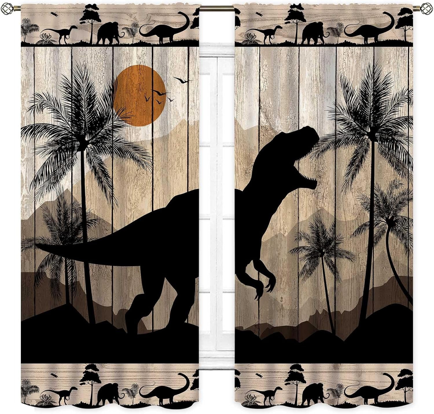 Dinosaur Curtains for Boys Room, Kids Boys Dino Wood Board Rustic Woodland Safari Animals Window Drapery Treatments for Baby Kids Room Bedroom Living Room Nursery Fabric 2 Panels, 84"x63" Inch
