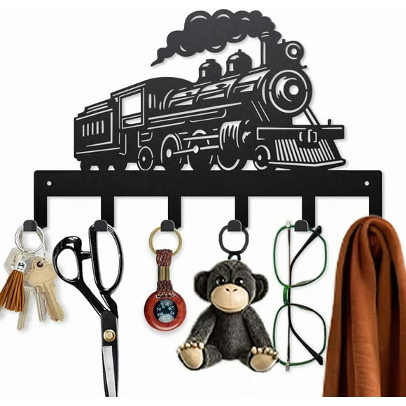 Steam Train Metal Key Hooks 9.8×15.7 Inch Vintage Carriages Wheels Wall Mounted Key Hangers Travel Decorative Key Holder for Wall with 6 Hooks for Entryway Hallway Garden Doorway Porch