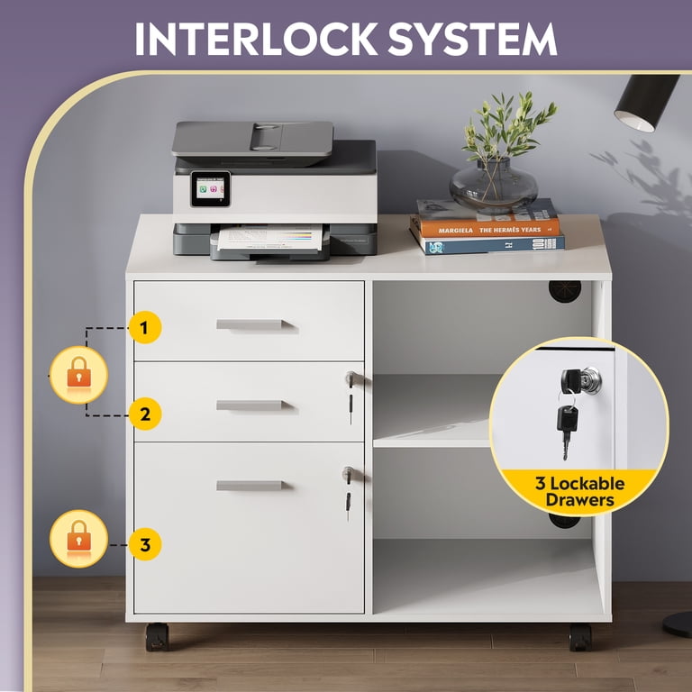 GALAXHERO 3-Drawer Mobile File Cabinet with Lock, White photo 4