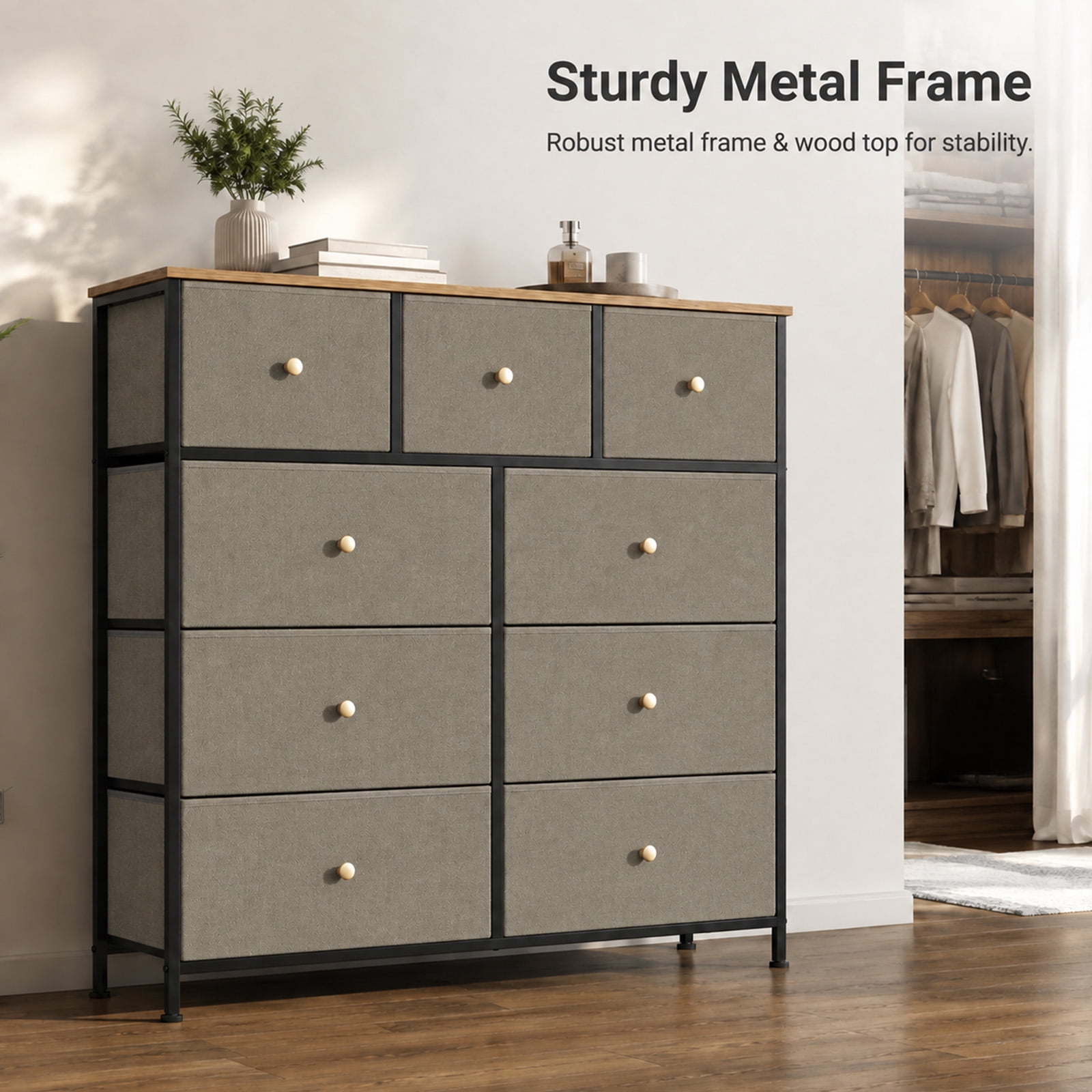 Alvantor 8/9 Drawer Fabric Dresser, Storage Tower for Bedroom and Closet, Chest of Drawers with Sturdy Steel Frame & Wooden Top for Living Room, Entryway