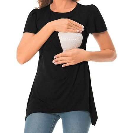 

gakvbuo Maternity Shirts For Women Pregnant Womens Nursing Solid Color Round Neck Short Sleeve Round Neck Breastfeeding Blouse