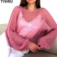 thumbnail image 1 of RWJDXD TYHRU Chandails Tricotés pour Femmes, Chandail Mince en Maille Ajourée pour Dame, Style Transparent, Manches Lanterne, Hauts Amples, Blouse, 1 of 7