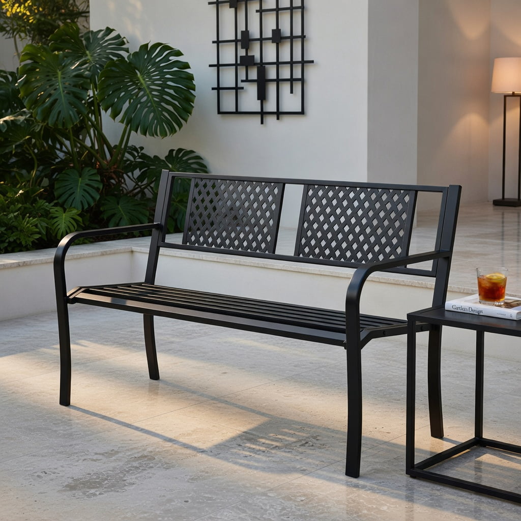 Hommoo Heavy-Duty Metal Outdoor Bench for Patio, Garden, Porch, 2-3 Person Loveseat with Ergonomic Backrest & Curved Armrests, Black