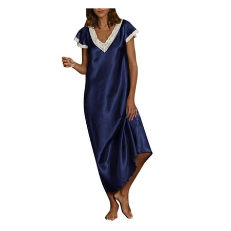 

CZHJS Women s Trendy Slip Nightgowns Sleepwear Clearance Cap Sleeve Lace Stiching V Neck Chemise Floor Length Satin Dress Fashion Vacation Dresses Flowy Summer Trendy Dresses Solid Color Navy L