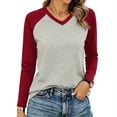 thumbnail image 5 of Women V Neck Raglan Color Block Long Sleeve T-Shirt Loose Relaxed Fit Contrast Sleeve Solid Spliced Casual Basic Top Fashion Versatile Layering Tee for Autumn Winter, 5 of 7