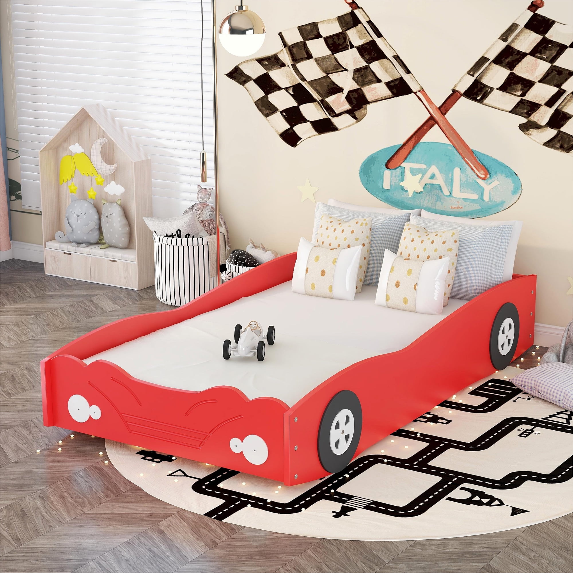 paproos Twin Size Kids Race Car Bed Frame, Wood Toddler Bed CarShaped