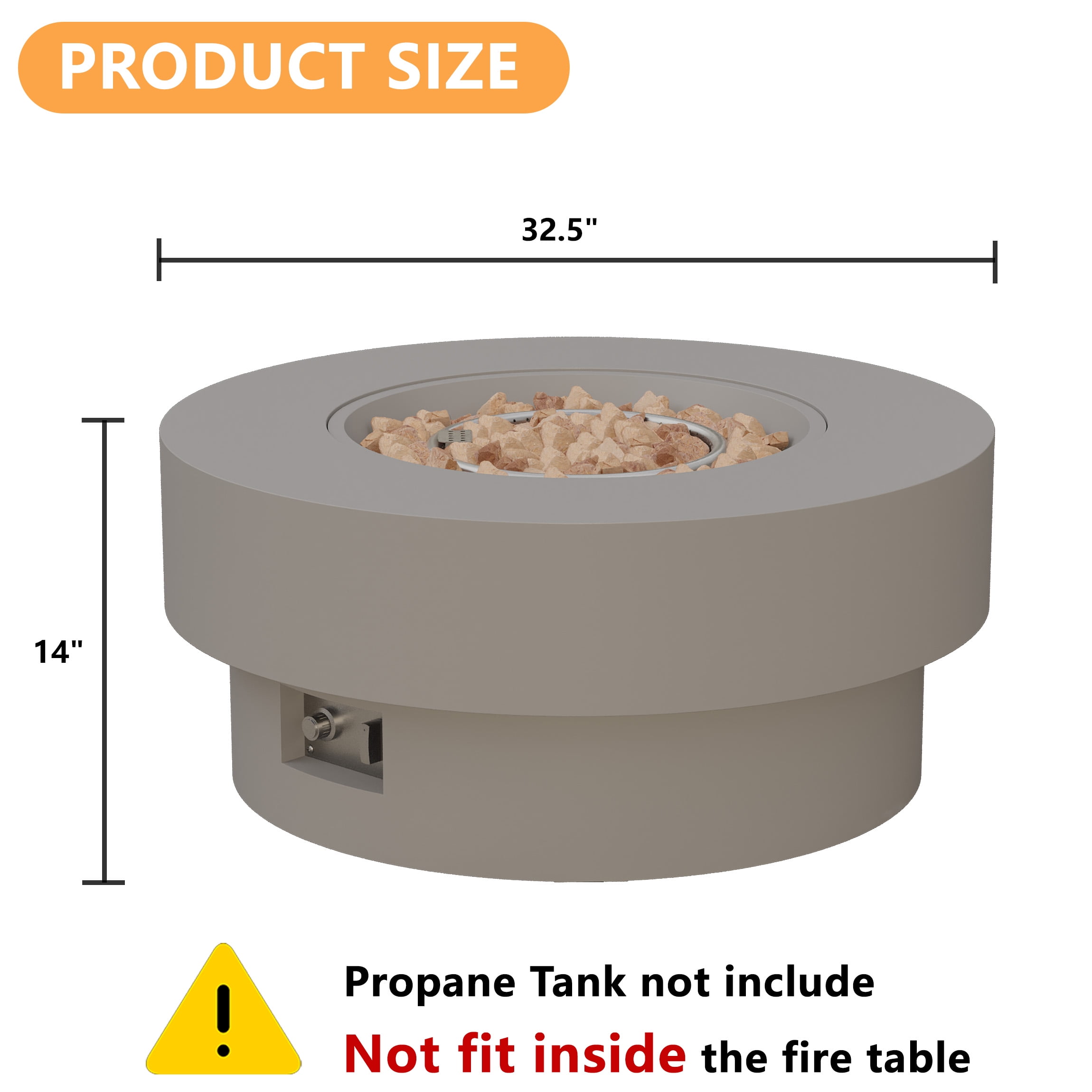 Wakeyard 32.5 inch Round Propane Fire Pit Table, 50000 BTU, Includes Lava Rock,Gray