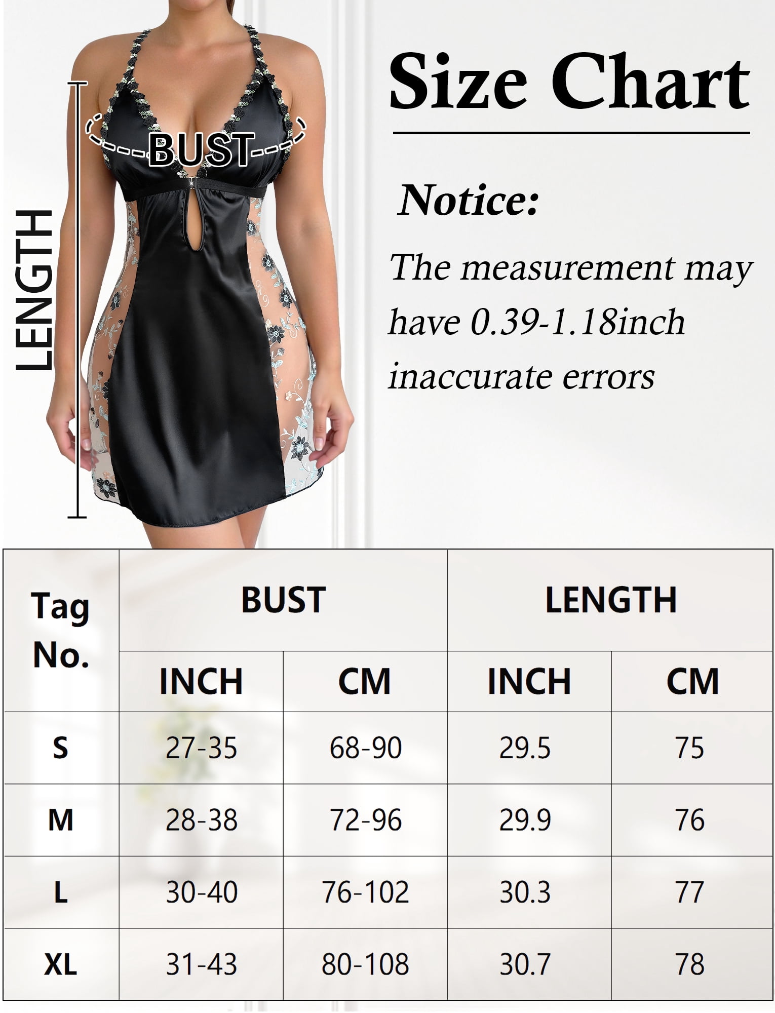 Ausing Women's Satin Nightgowns Sleepwear Floral Embroidered Deep V Sleep Dresses Lace Trim Sheer Chemise Closure Front Night Dress Mesh Babydoll Lingerie Set Night Dress M Black