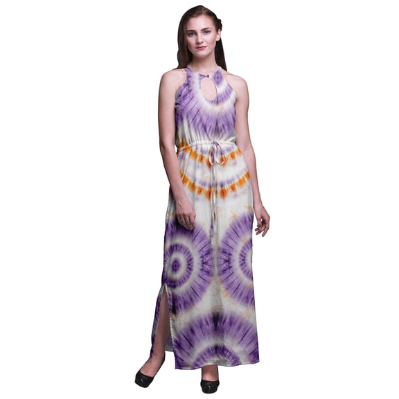 Bimba Tie-Dye Women Printed Crew Neck Side Slits Halter Dress Long Evening Gown-Large