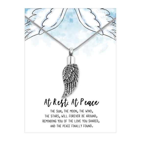 Anavia Ancient Silver Angel Wing Cremation Jewelry Stainless Steel Keepsake Memorial Urn Necklace for Human with"At Rest, At Peace" Comfort Card