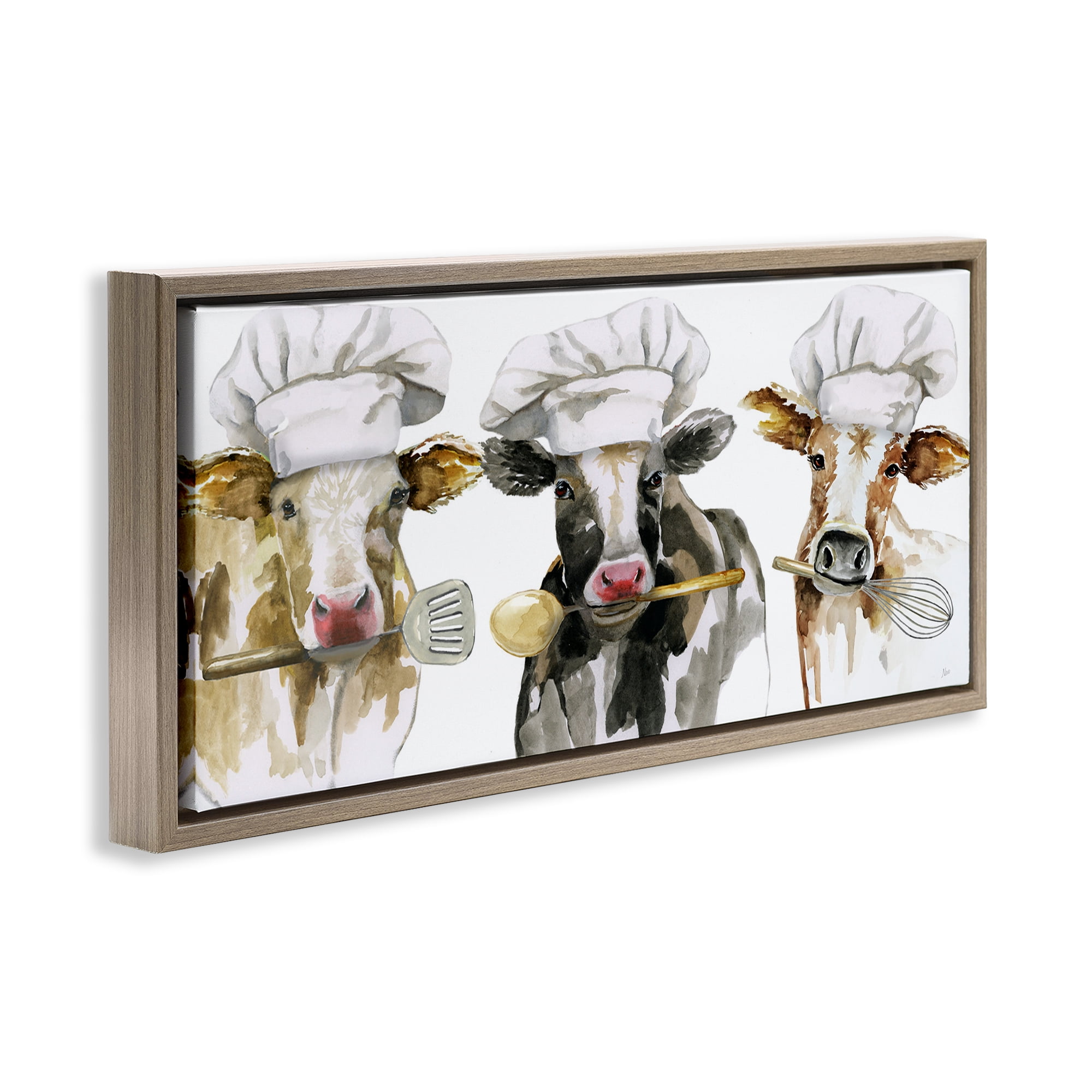 Stupell Industries Cow Chefs with Utensils Brown Framed Floater Canvas Wall Art, design by Nan