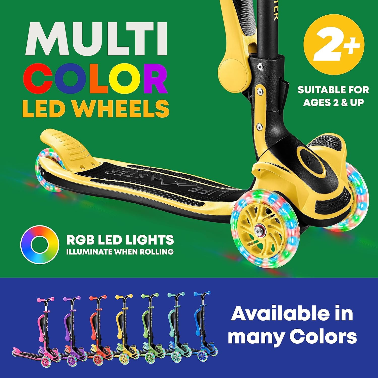 Kids Scooter – Foldable Seat – LED Wheel Lights Illuminate When Rolling – Children and Toddler 3 Wheel Kick Scooter – Adjustable Handlebar – Indoor and Outdoor- Yellow - by Lifemaster