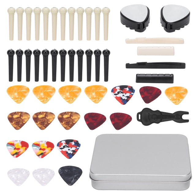 Juego de accesorios para guitarra, clavijas de puente, púas de celuloide, tuercas, selletas, quitaclavos y piezas de repuesto.