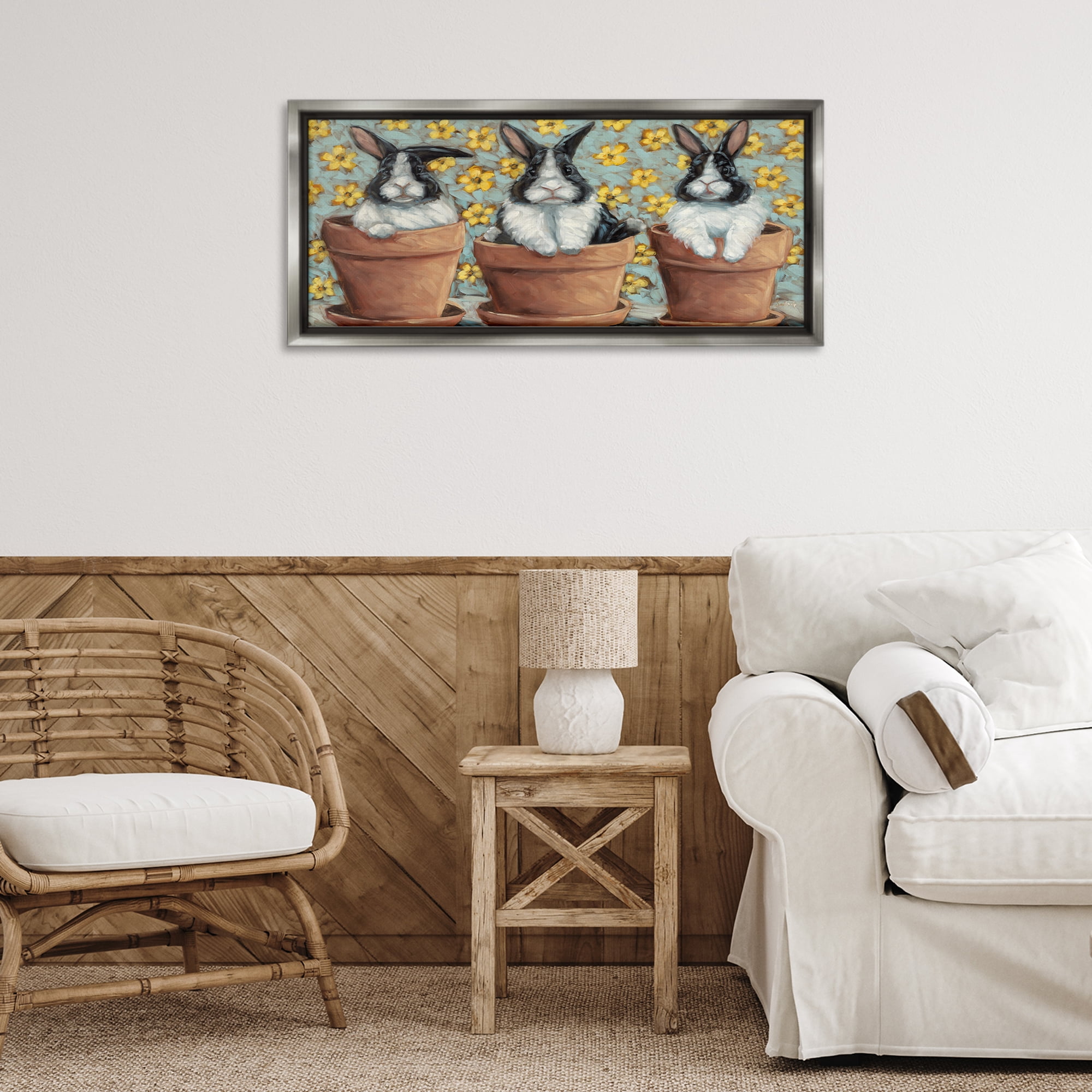 Stupell Industries Three Bunnies in Pots Animals & Insects Painting Gray Floater Framed Canvas Art Print Wall Art, 31 x 14