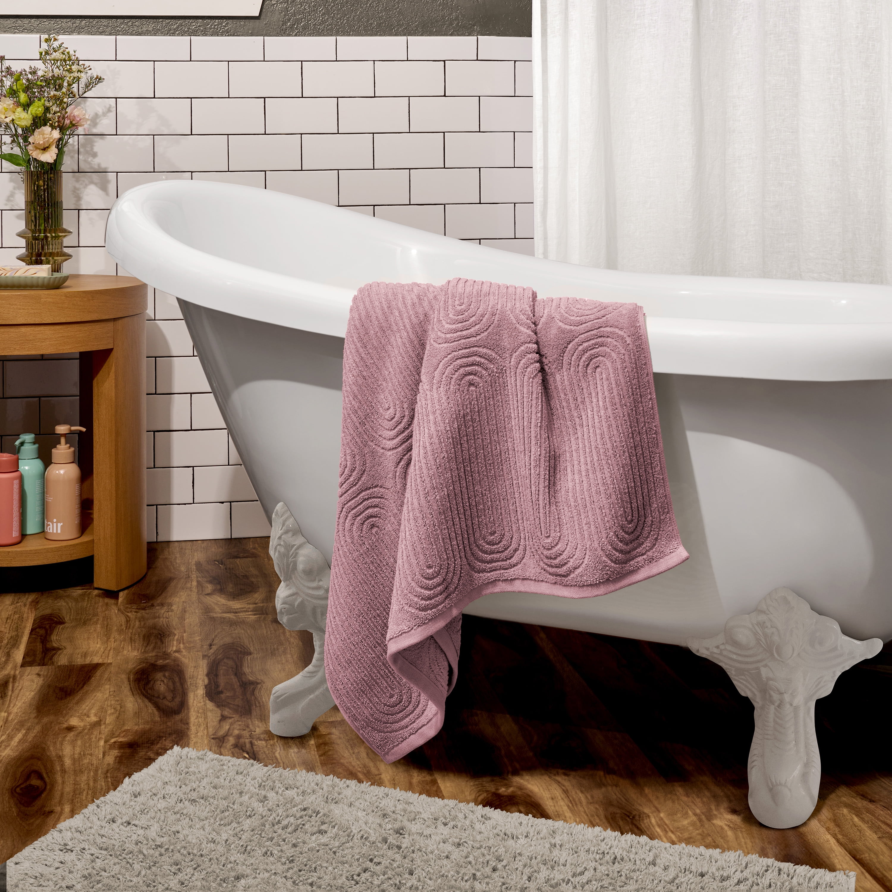 Beautiful by Drew Barrymore 6-Piece Textured Bath Towel Set, Soft 100% Cotton, Rose Pink