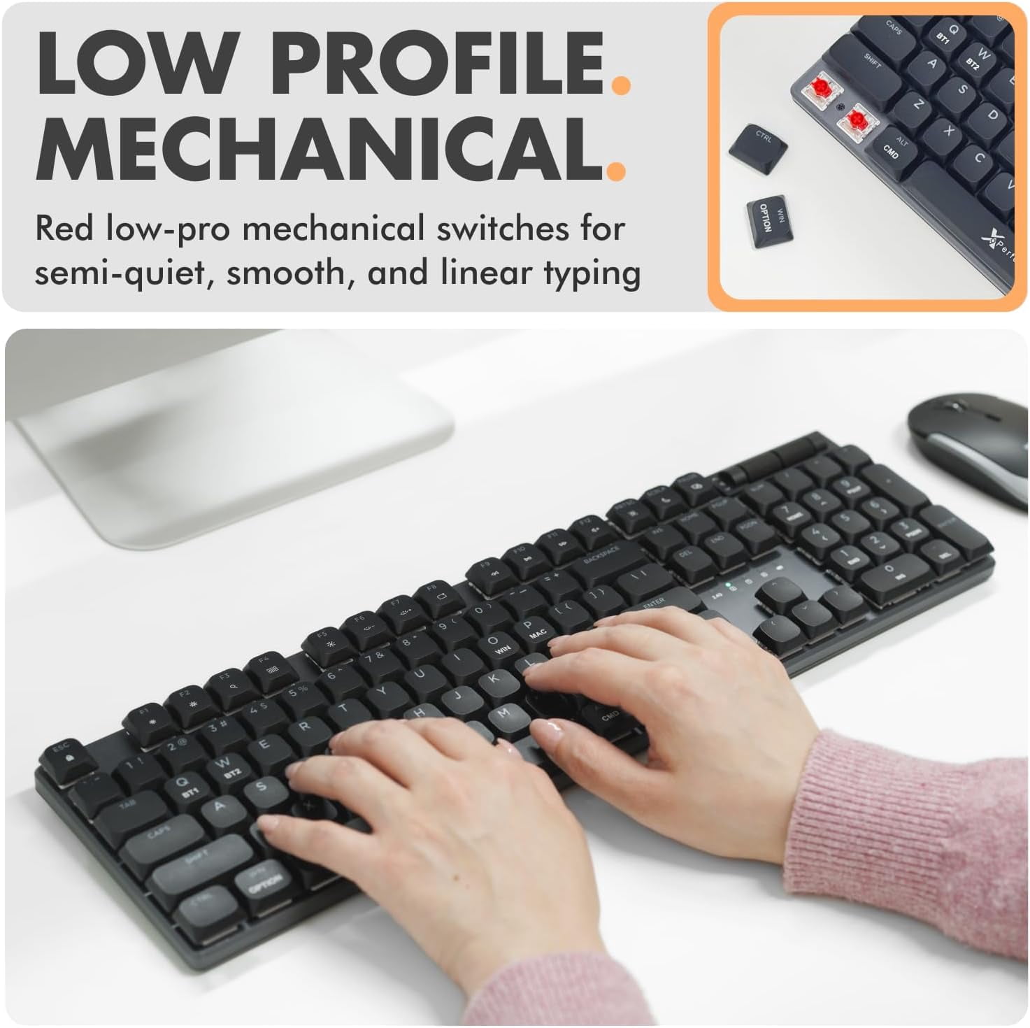 X9 Performance Low Profile Mechanical Keyboard Wireless (Wired + BT + 2.4Ghz) - Triple Mode Connectivity, Red Switches, Backlit, 107-Key - Slim Bluetooth Mechanical Keyboard for Mac and PC