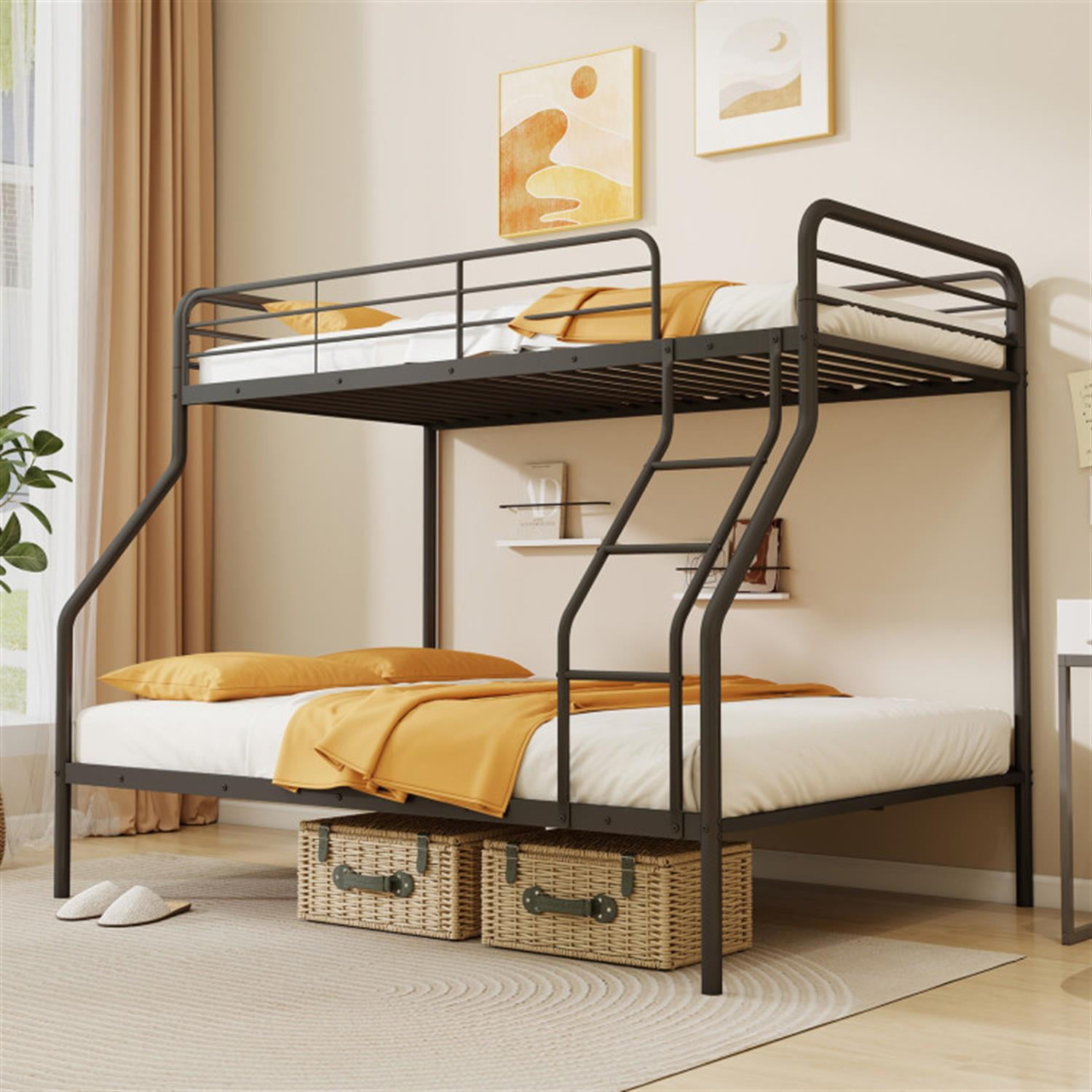 Demi Bonn Twin Over Full Bunk Bed with Ladder and Full-length Guardrails, Metal Bunkbeds for Bedroom, No Box Spring Needed, Black