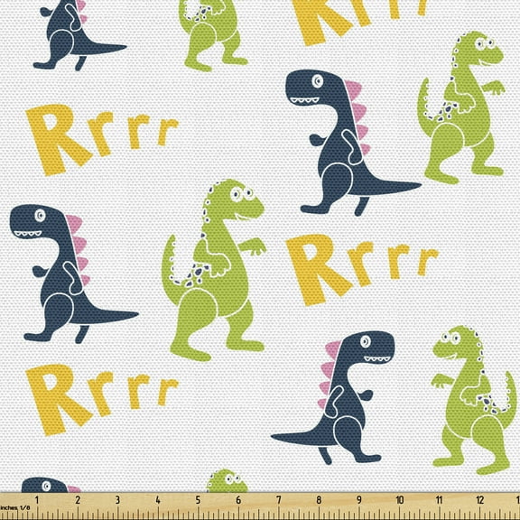 Dinosaur Party Fabric by the Yard, Happy Cartoon Dino Reptile Rrrr Text on Plain Pattern, Decorative Upholstery Fabric for Chairs & Home Accents, 10 Yards, Multicolor by Ambesonne