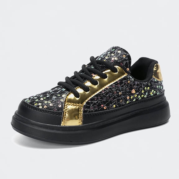 Ticikt Kids Sparkle Sequin Sneakers, Fashion Low-Top Skate Shoes, Comfortable Soft Sole Casual Shoes for Boys Girls,Black,Size:9-9.5 Years