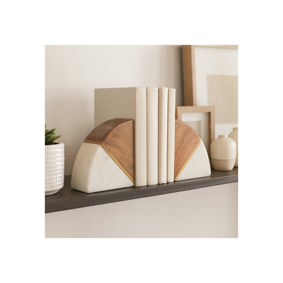 Stylish Curved Marble Book Ends with Wood Accent - Decorative Book Accessories for Bookshelf or Office - Modern Bookend for Home Library, Desk, or Coffee Table Decor - Set of 2, 5", White & Brown