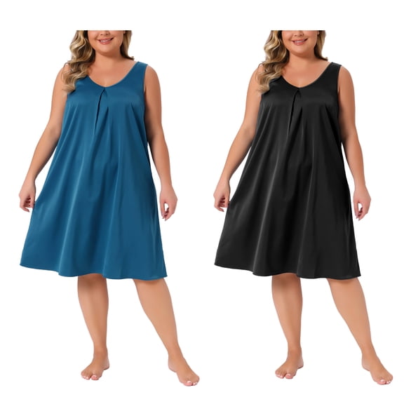 NOMADIC NOOK Women's Plus Size 2 Piece Satin Sleep Dress Wide Straps V Neck Pleated Sleepshirt Lounge Nightgowns 1X Peacock Blue/Black