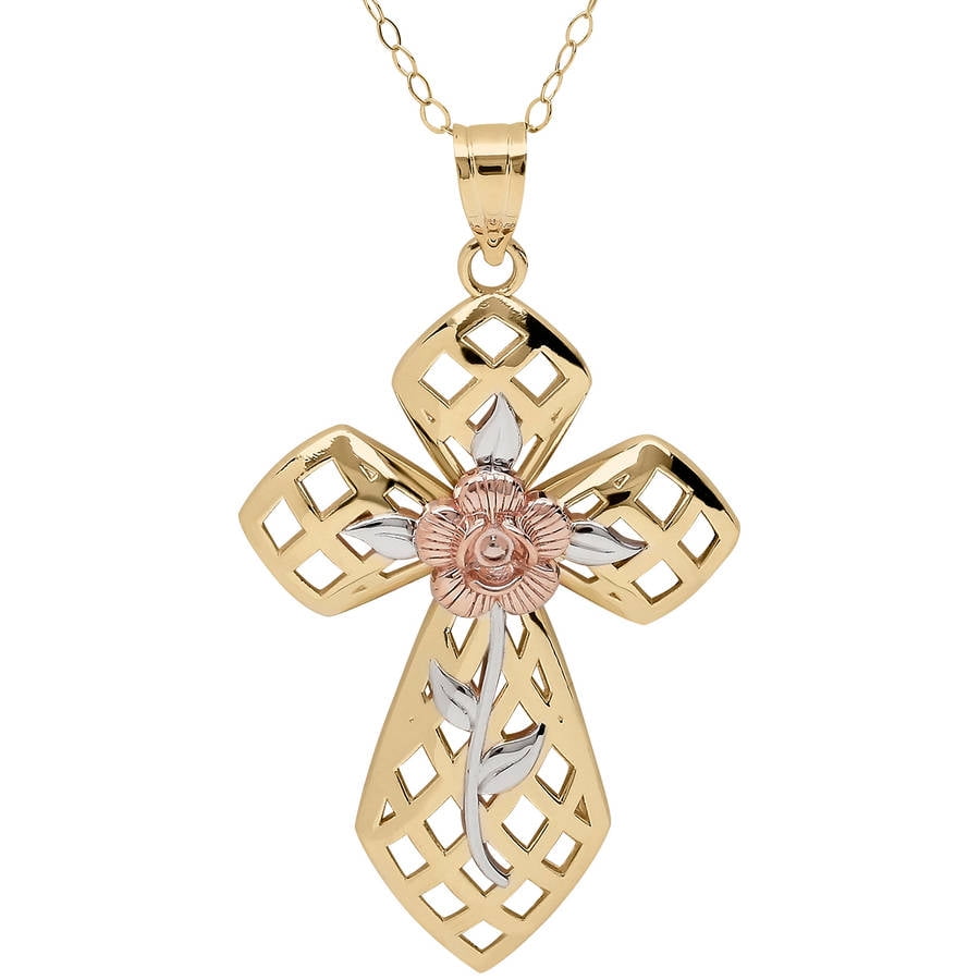 Simply Gold 10kt Yellow Gold Basketweave Design Cross with Pink Flower Center Pendant, 18" by Richline Group Inc