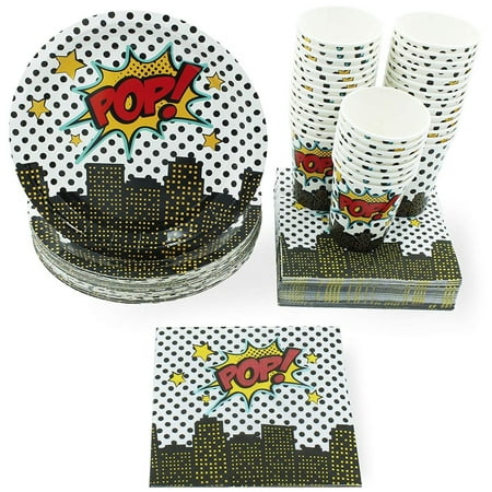 Disposable Dinnerware Set - Serves 36 - Superhero Party Supplies for Kids Birthdays, Comic Themed Parties, Includes Paper Plates, Napkins, Cups