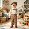thumbnail image 2 of FINALGANG Boys Toddler Formal Four Piece Outfit With Collared Striped Long Sleeve Shirt Suspenders Pants Matching Newsboy Cap For Wedding Special Occasion Wear Cozy Set, 2 of 7