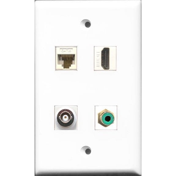 RiteAV 1 Port HDMI and 1 Port RCA Green and 1 Port BNC and 1 Port Cat6 Ethernet White Wall Plate