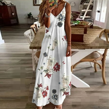 USSUMA Summer Dresses For Women 2022 Beach, Women's Dresses Sunflower Print Spaghetti Strap V Neck Boho Long Maxi Dress Summer Beach Flowy Ethnic Sundress