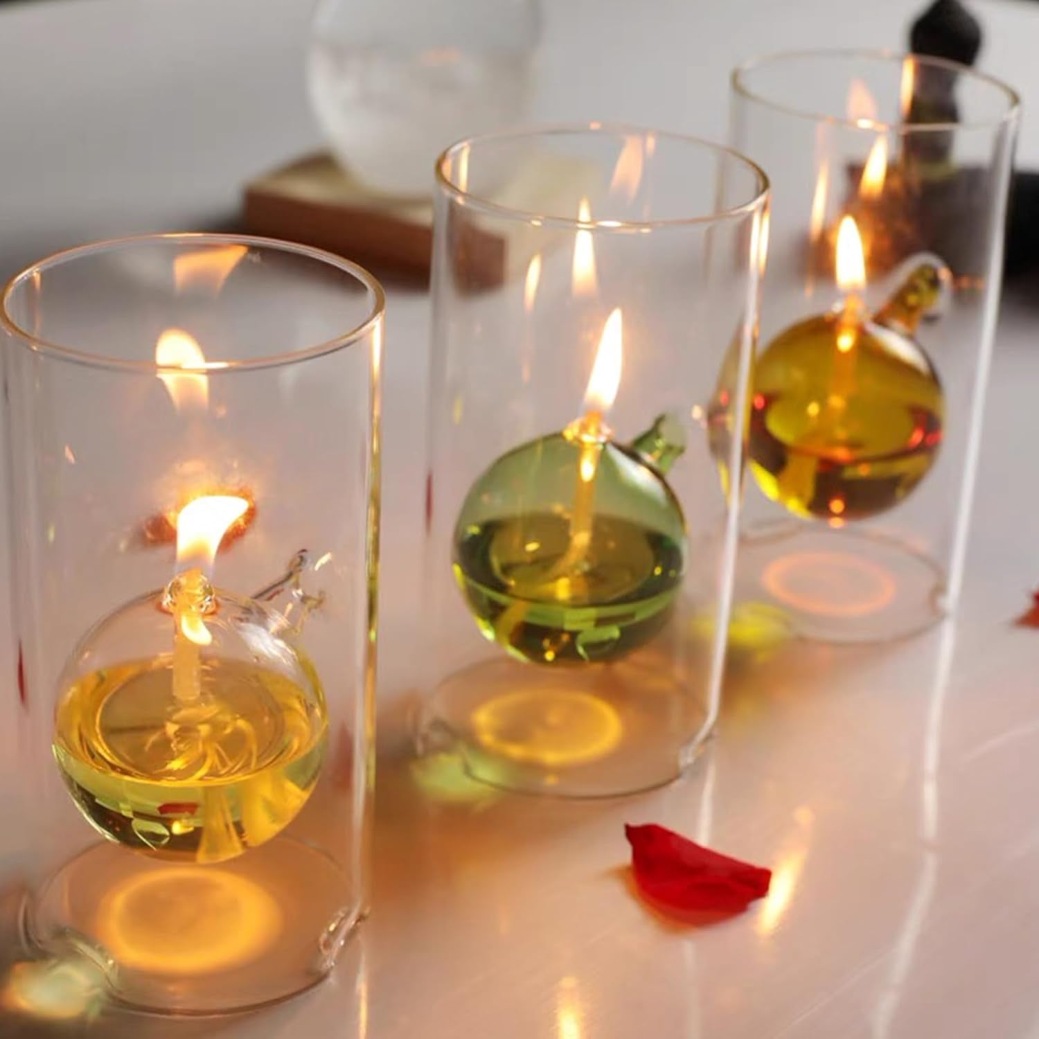Refillable Liquid Petite Oil Lamp: Glass Oil Light Borosilicate Includes Bliss Suspended Hurricane Candle Holder Sleeve Lamp, Oil Candle Vessels for Table Centerpieces Decor (Clear)