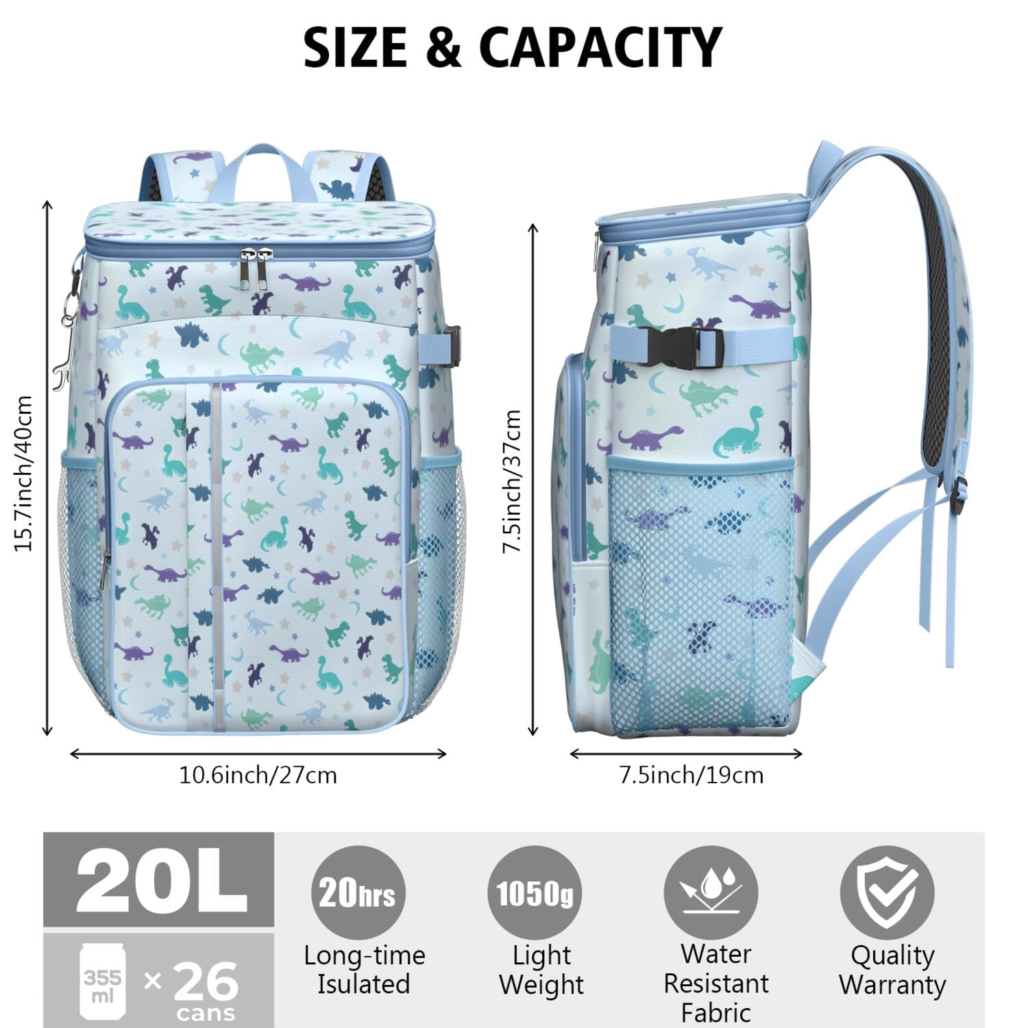 Travel Cooler Bag - LightBlue Dinosaurs Stars Moons Pattern Camping Beer Cooler Backpack with Bottle Opener- Waterproof Insulated Picnic Backpacks - Cooler Bag for Beach