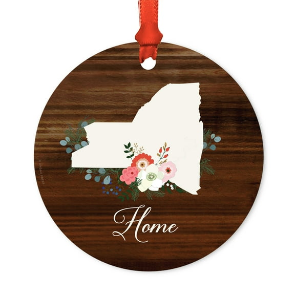 US State Round Metal Christmas Ornament, Rustic Wood with Florals Home, New York, Includes Ribbon and Gift Bag
