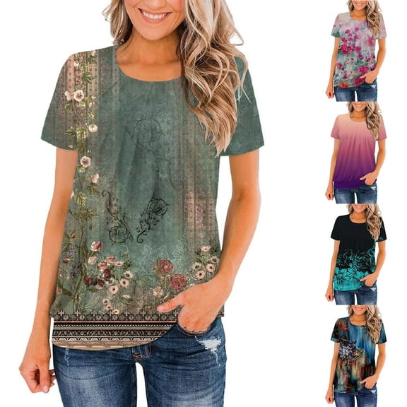 Jacenvly 2024 new summer blouses for women Loose Ruched Blouse Tees For Women Printing Short Sleeve Summer Classic T-Shirt comfortable Floral v neck t shirts ladies plus size tops Black