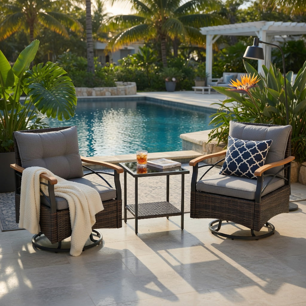 Hommoo 3-Piece Outdoor Swivel Chair Set with Tempered Glass Side Table, Cushions, PE Rattan, Acacia Wood Armrests, Gray