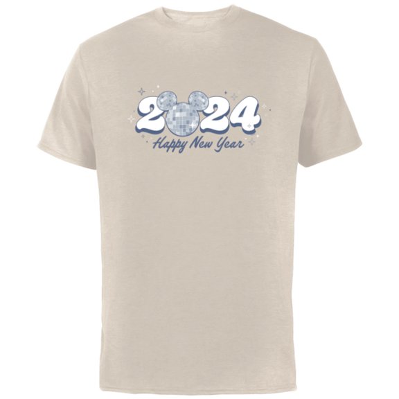 Disney Mickey Mouse Head Disco Ball Happy New Year 2024 - Short Sleeve Cotton T-Shirt for Adults - Customized-Natural